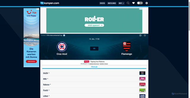 Security scan screenshot of https://www.tvkampen.com/match/cruz-azul-flamengo-1829056/