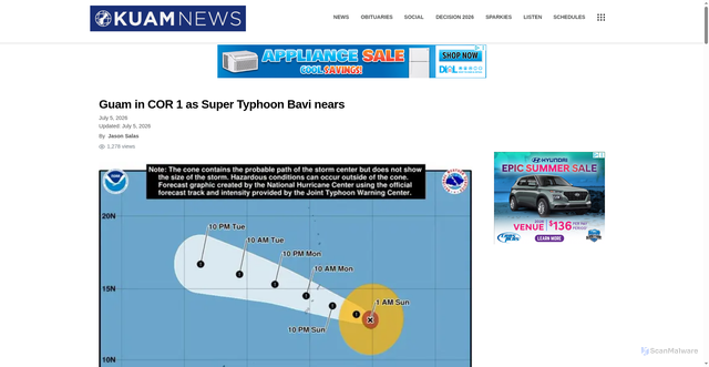 Security scan screenshot of https://www.kuam.com/story/319650769/guam-in-cor-1-as-super-typhoon-bavi-nears