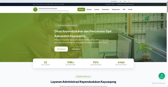 Security scan screenshot of http://disdukcapilkayuaqung.org/