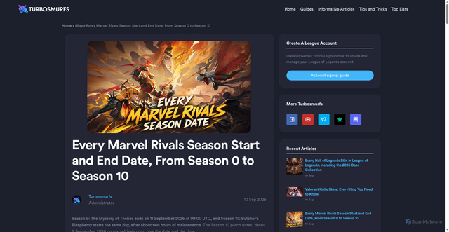 Security scan screenshot of https://turbosmurfs.gg/article/marvel-rivals-season-start-and-end-dates