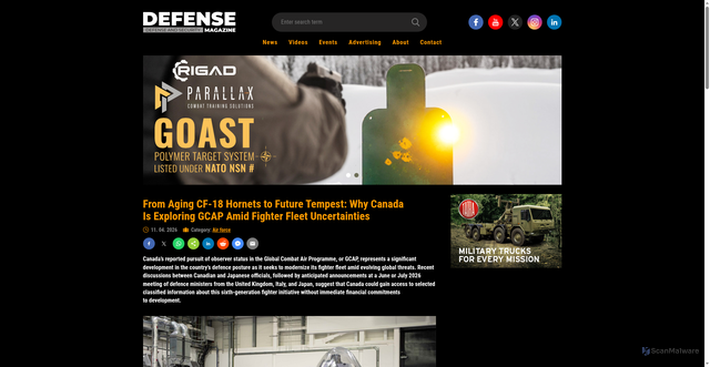 Security scan screenshot of https://www.defensemagazine.com/article/from-aging-cf-18-hornets-to-future-tempest-why-canada-is-exploring-gcap-amid-fighter-fleet-uncertainties