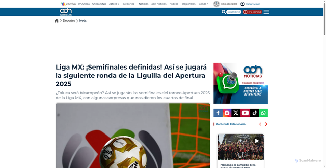 Security scan screenshot of https://www.adn40.mx/deportes/2025-11-30/semifinales-del-torneo-apertura-2025-la-liga-mx-liguilla-definida