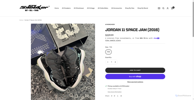Security scan screenshot of https://614sneaker.com/products/jordan-11-space-jam-2016?srsltid=AfmBOorpA56CcvLIAZsjf3Vny0tO7rC6qV27hvFiNBKw6u-cvqEKYcNO