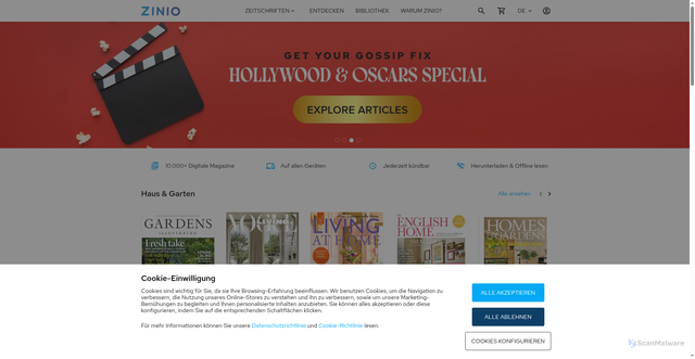 Security scan screenshot of https://zinio.com