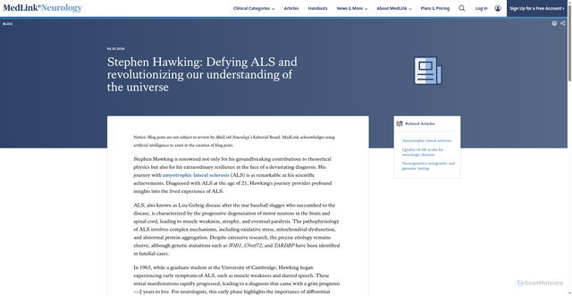 Security scan screenshot of https://www.medlink.com/news/stephen-hawking-defying-als-and-revolutionizing-our-understanding-of-the-universe