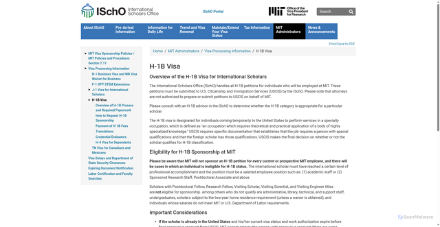 Security scan screenshot of https://ischo.mit.edu/mit-administrators/visa-processing-information/h-1b-visa