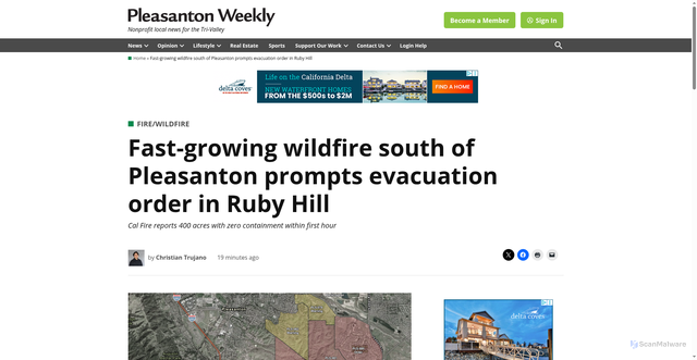 Security scan screenshot of https://www.pleasantonweekly.com/fire-wildfire/2026/07/21/fast-growing-wildfire-south-of-pleasanton-prompts-evacuation-order-in-ruby-hill/