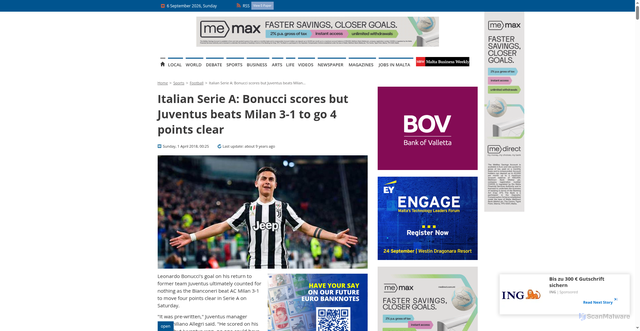 Security scan screenshot of https://www.independent.com.mt/articles/2018-04-01/football/Italian-Serie-A-Bonucci-scores-but-Juventus-beats-Milan-3-1-to-go-4-points-clear-6736187260