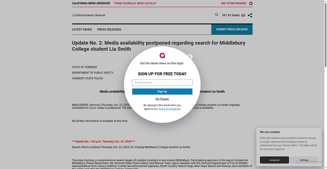Security scan screenshot of https://www.californianewsobserver.com/article/860917209-update-no-2-media-availability-postponed-regarding-search-for-middlebury-college-student-lia-smith