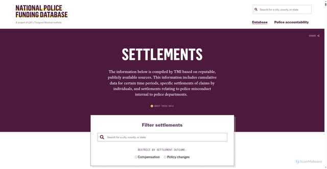 Security scan screenshot of https://policefundingdatabase.org/explore-the-database/settlements/?page=1&all=true&sort=largestsettlement
