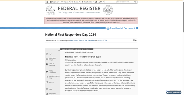 Security scan screenshot of https://www.federalregister.gov/documents/2024/11/01/2024-25590/national-first-responders-day-2024