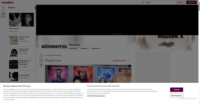 Security scan screenshot of https://madonna.fandom.com/wiki/Madonna