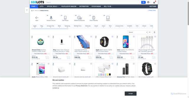 Security scan screenshot of https://888lots.com/items?category=mobile-devices&srsltid=AfmBOorxO9Q29G04O2IEFlSGPN8CiLfhZYApMTXd8_YMn878W3XXvsmX