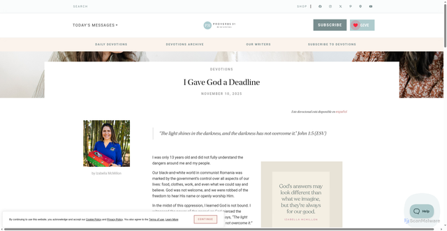 Security scan screenshot of https://proverbs31.org/read/devotions/full-post/2025/11/10/i-gave-god-a-deadline