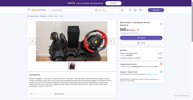 Security scan screenshot of http://allegrolokalnie.pl-smart4353423.sbs/oferta/Xbox-Series-X-+-kierownica-Ferrari-+-akcesoria/451565780