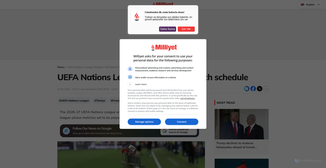 Security scan screenshot of https://en.milliyet.com.tr/news/uefa-nations-league-begins-full-match-schedule-7665888