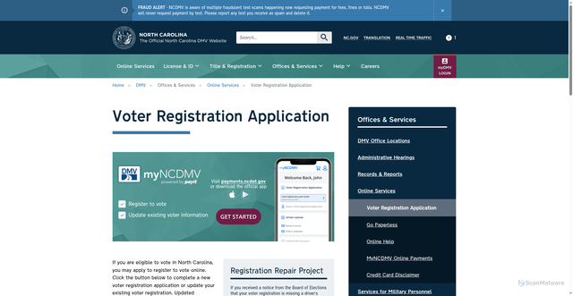 Security scan screenshot of https://www.ncdot.gov/dmv/offices-services/online/Pages/voter-registration-application.aspx