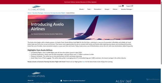 Security scan screenshot of https://alg.www.vaxvacationaccess.com/vacation-packages/envf/avelo-airlines/