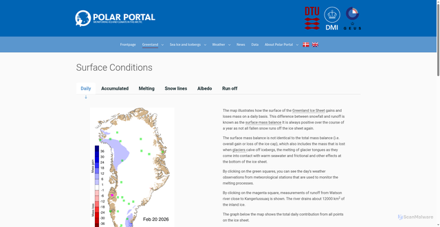 Security scan screenshot of https://polarportal.dk/en/greenland/surface-conditions/