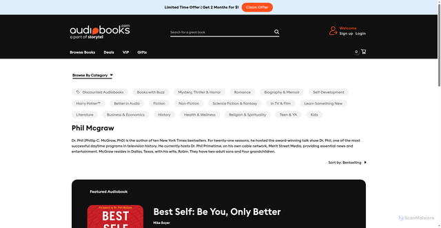 Security scan screenshot of https://www.audiobooks.com/m-browse/7194593?srsltid=AU7gw4UEXwAU9ZHnZA9O6MlSEscxGjuBS1xZfd23UzJBdg6ozG_eK1QO