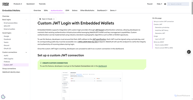 Security scan screenshot of http://metamask-docs-l8lvh00ol-consensys-ddffed67.vercel.app/embedded-wallets/authentication/custom-connections/custom-jwt