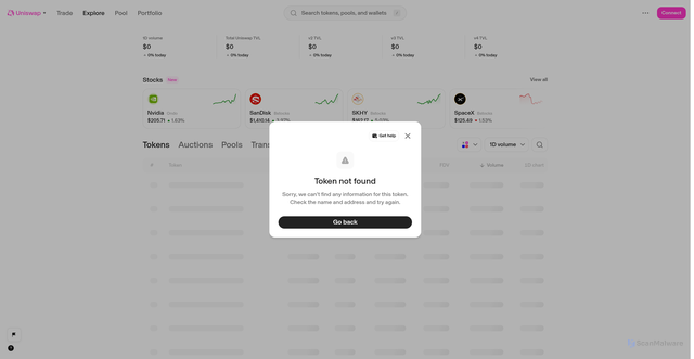 Security scan screenshot of https://web-claude-launches-v4-09-dev-data-uniswap.vercel.app/explore/tokens/robinhood/NATIVE?chain=multichain