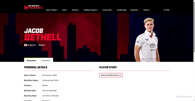 Security scan screenshot of https://www.melbournerenegades.com.au/players/CA:7891/jacob-bethell
