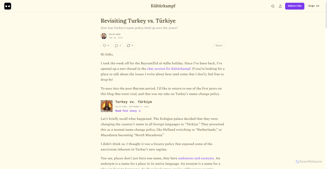 Security scan screenshot of https://kulturkampftr.substack.com/p/revisiting-turkey-vs-turkiye
