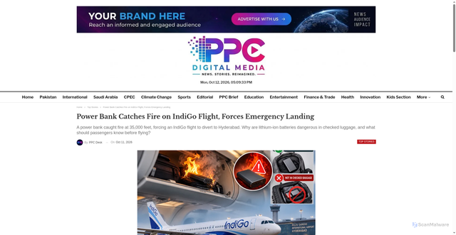 Security scan screenshot of https://pixelpulsecontent.com/power-bank-catches-fire-on-indigo-flight-forces-emergency-landing/