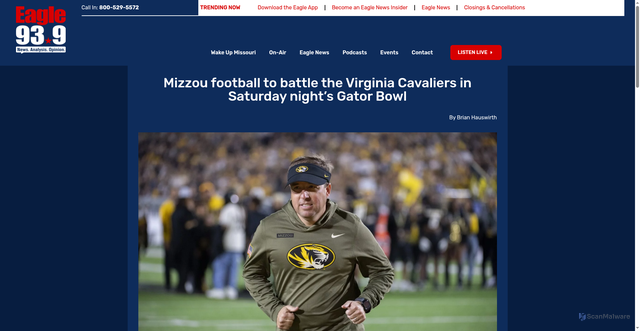 Security scan screenshot of https://939theeagle.com/mizzou-football-to-battle-the-virginia-cavaliers-in-saturday-nights-gator-bowl/
