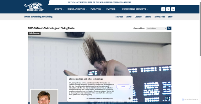 Security scan screenshot of https://athletics.middlebury.edu/sports/mens-swimming-and-diving/roster/liam-smith/17473