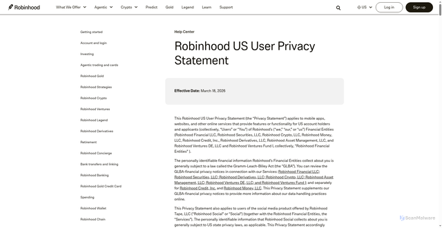 Security scan screenshot of https://robinhood.com/us/en/support/articles/privacy-policy/