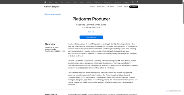 Security scan screenshot of https://jobs.apple.com/en-us/details/200639051-0836/platforms-producer?team=CORSV
