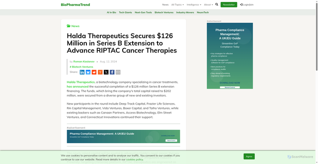 Security scan screenshot of https://www.biopharmatrend.com/news/halda-therapeutics-secures-126-million-in-series-b-extension-to-advance-riptac-cancer-therapies-900/