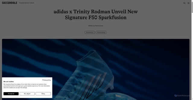Security scan screenshot of https://www.soccerbible.com/performance/football-boots/2026/08/adidas-x-trinity-rodman-unveil-new-signature-f50-sparkfusion/