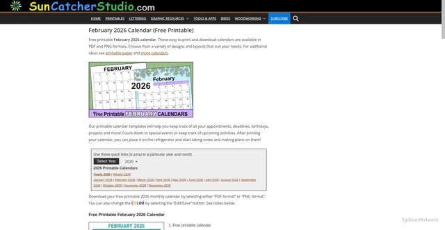 Security scan screenshot of https://suncatcherstudio.com/printables/calendars/february-2026-calendar/