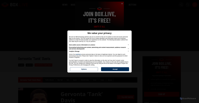 Security scan screenshot of https://box.live/boxers/gervonta-davis/
