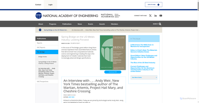 Security scan screenshot of https://www.nae.edu/313223/An-Interview-with-Andy-Weir-New-York-Times-bestselling-author-of-The-Martian-Artemis-Project-Hail-Mary-and-Cheshire-Crossing