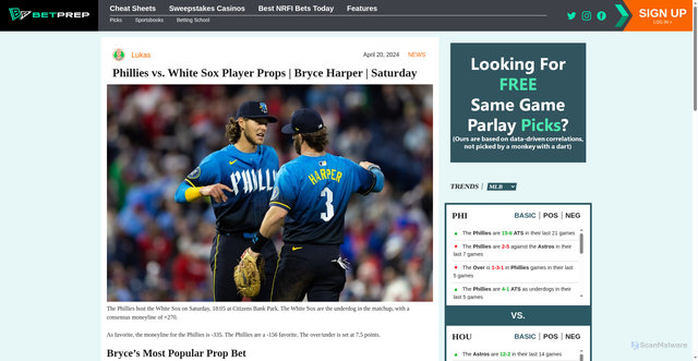 Security scan screenshot of https://betprep.com/news/phillies-vs-white-sox-player-props-bryce-harper-saturday/