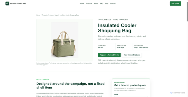 Security scan screenshot of https://custompromohub.pages.dev/products/insulated-cooler-shopping-bag/