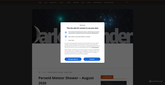 Security scan screenshot of https://darksitefinder.com/perseid-meteor-shower/