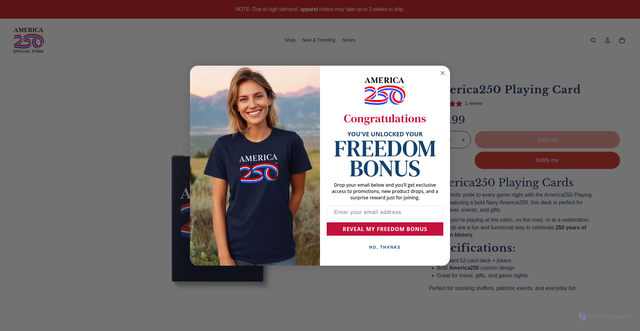 Security scan screenshot of https://store.america250.org/products/playing-card?srsltid=AfmBOoqbGTfgF0kv7iM7oaVm_VpB0_O8NHdw4fhapne6nF9Scl2X0_BW