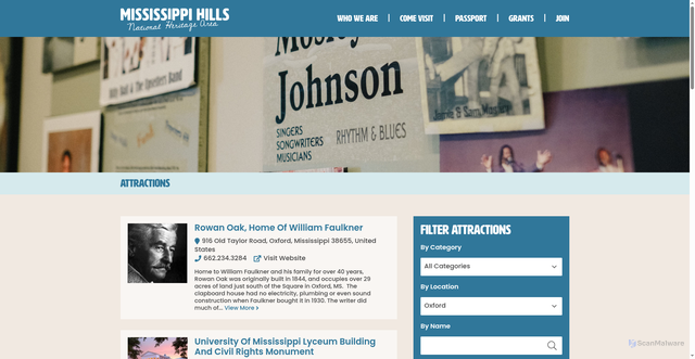 Security scan screenshot of https://mississippihills.org/attractions?location=Oxford