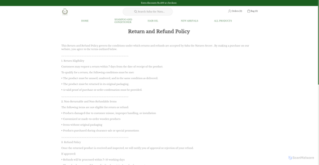 Security scan screenshot of https://sabathenaturessecret.com/return-policy