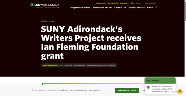 Security scan screenshot of https://www.sunyacc.edu/news-stories/suny-adirondacks-writers-project-receives-ian-fleming-foundation-grant