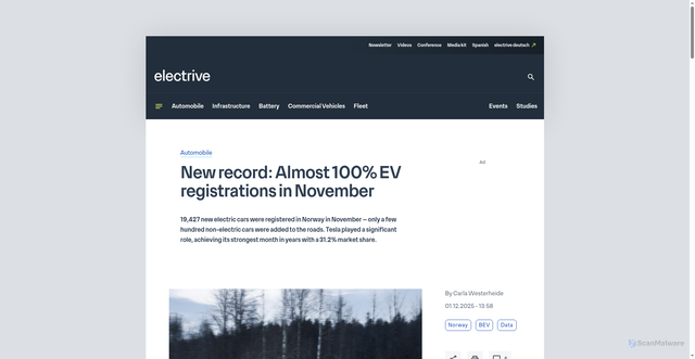 Security scan screenshot of https://www.electrive.com/2025/12/01/norway-sets-new-record-with-near-100-electric-vehicle-registrations-in-november/