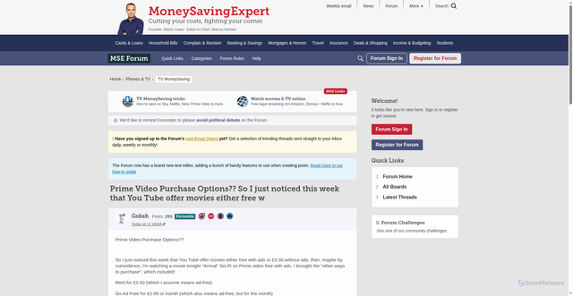 Security scan screenshot of https://forums.moneysavingexpert.com/discussion/6657443/prime-video-purchase-options-so-i-just-noticed-this-week-that-you-tube-offer-movies-either-free-w