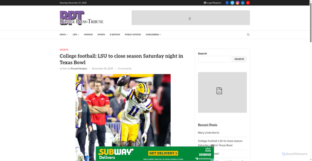 Security scan screenshot of https://bossierpress.com/college-football-lsu-to-close-season-saturday-night-in-texas-bowl/