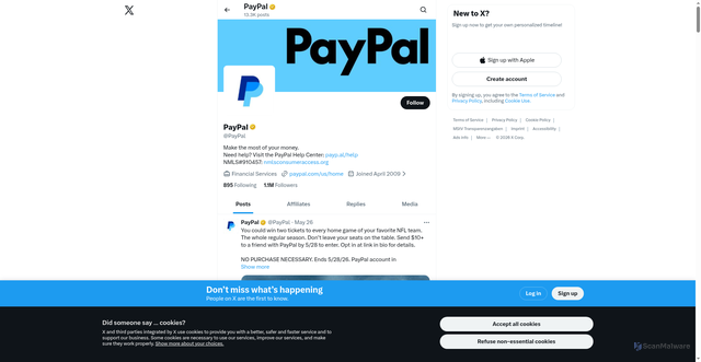 Security scan screenshot of https://x.com/PayPal?v=1%2C0.1&utm_source=unp&utm_medium=email&utm_campaign=RT002668&utm_unptid=62109e00-6430-11f1-a7c7-4fe2e0173aea&ppid=RT002668&cnac=SE&rsta=sv_SE%28sv-SE%29&unptid=62109e00-6430-11f1-a7c7-4fe2e0173aea&calc=7cd7d3d6af262&unp_tpcid=legal-tickler-notifications&page=main%3Aemail%3ART002668&pgrp=main%3Aemail&e=re&mchn=em&s=ci&mail=sys&appVersion=1.417.0&tenant_name=PayPal&xt=175543%2C104038%2C180658&xe=114002%2C101255%2C114543&link_ref=twitter.com_paypal