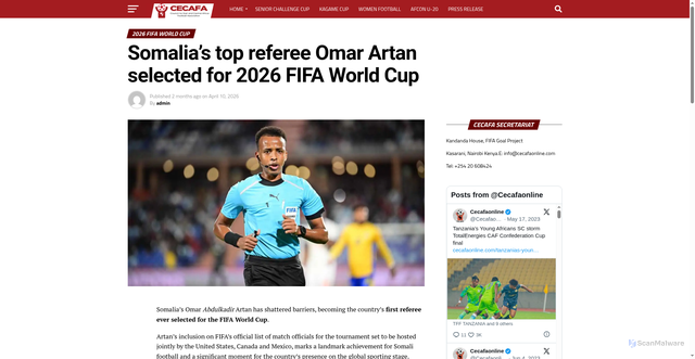 Security scan screenshot of https://cecafaonline.com/somali-referee-omar-artan-selected-for-2026-fifa-world-cup/